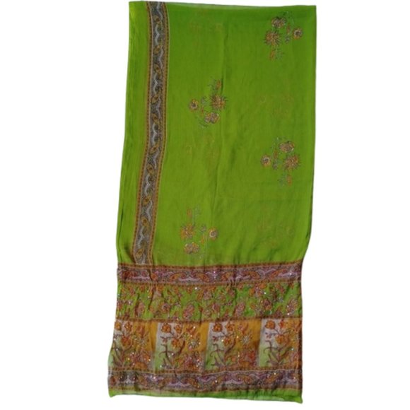 Chartreuse Green Floral & Sequin Sari Wrap - Picture 1 of 9